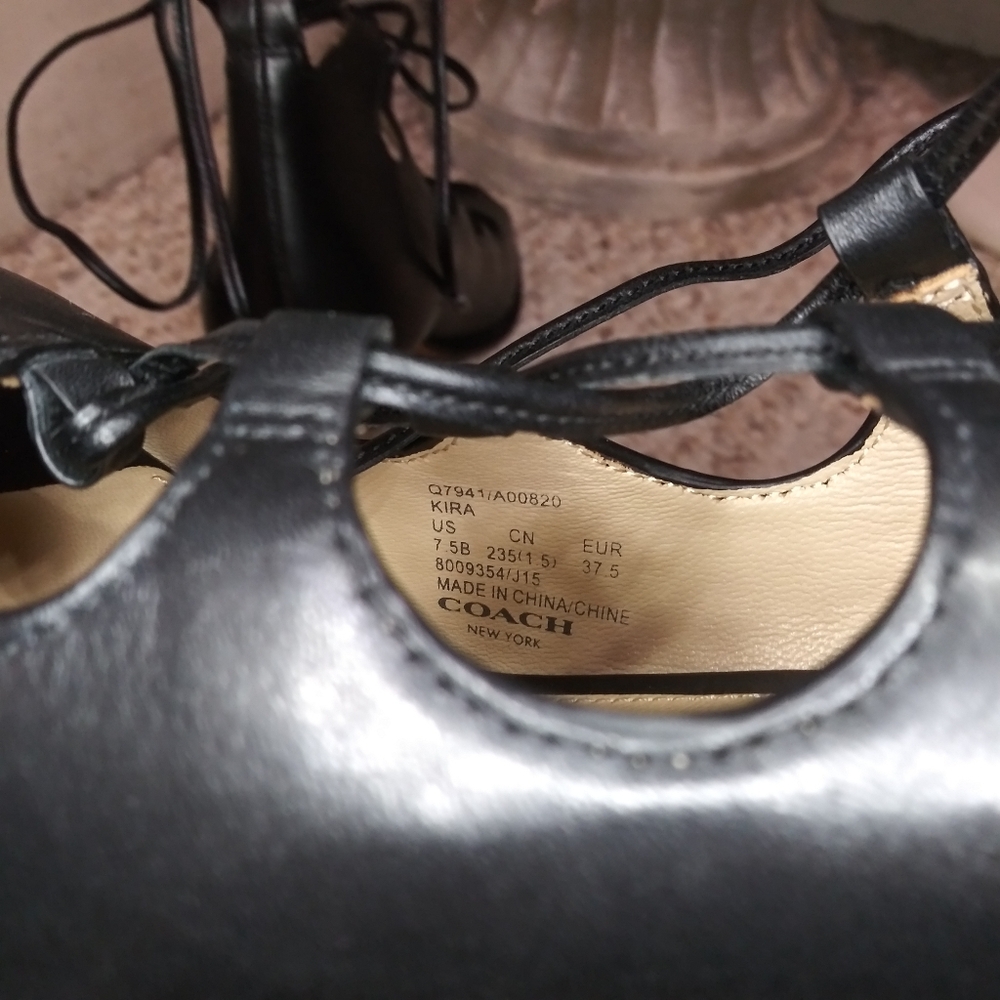 Coach Kira Ghillie Style Black Leather Stiletto Heeled Peep-Toe Pumps Size 7 1/2 - Picture 5 of 9